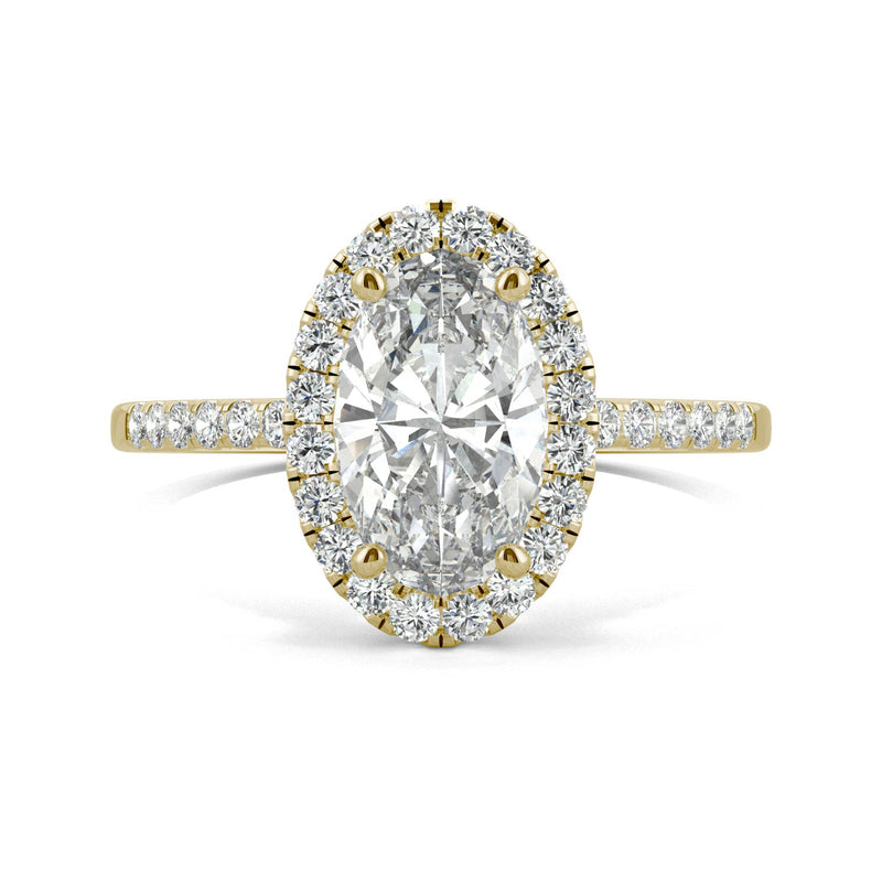 2.62 CTW DEW Elongated Oval Moissanite Halo Ring in 14K Yellow Gold