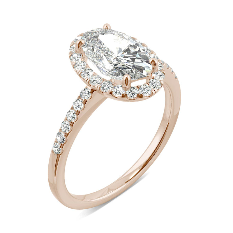 2.62 CTW DEW Elongated Oval Moissanite Halo Ring in 14K Rose Gold