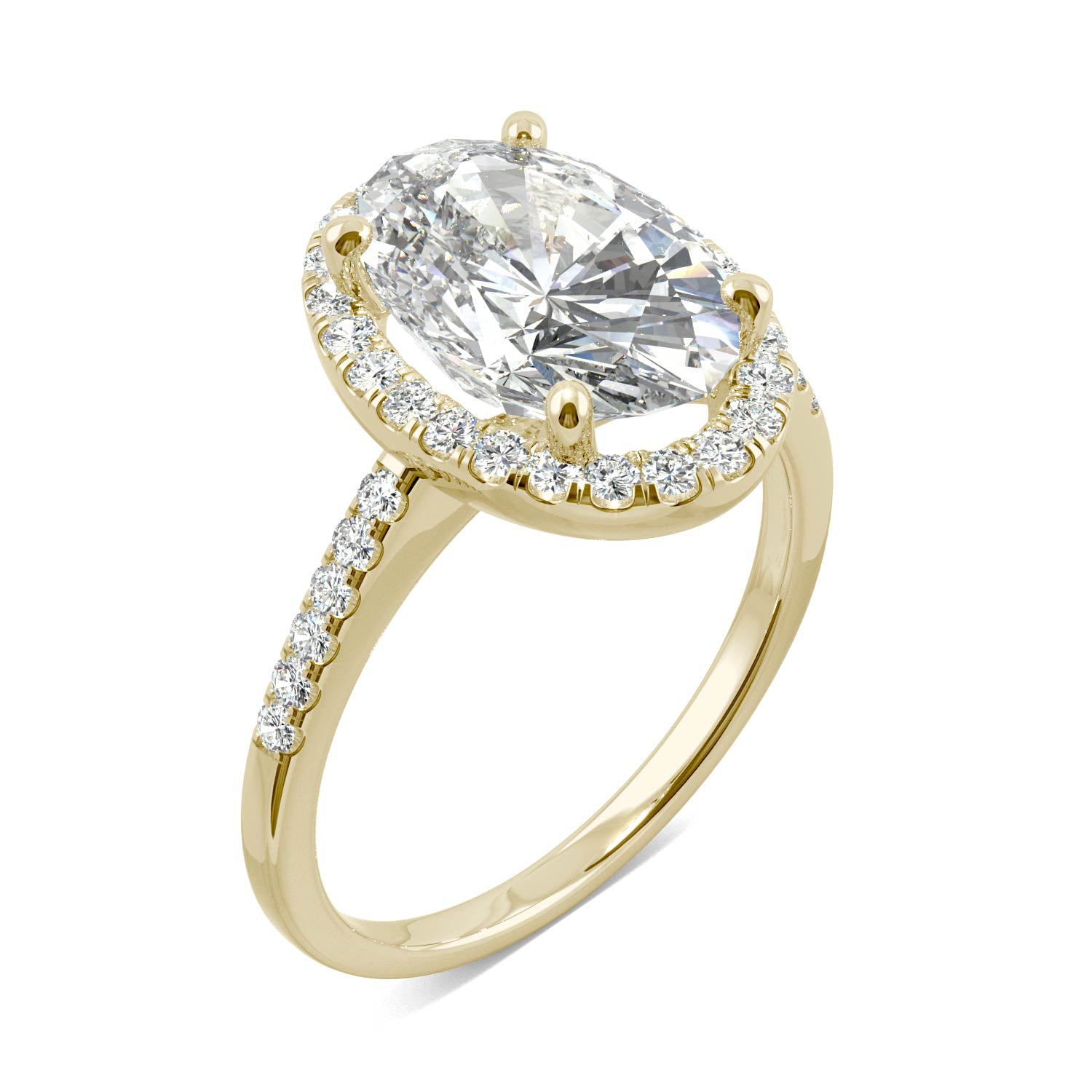 4.75 CTW DEW Elongated Oval Moissanite Halo Ring in 14K Yellow Gold