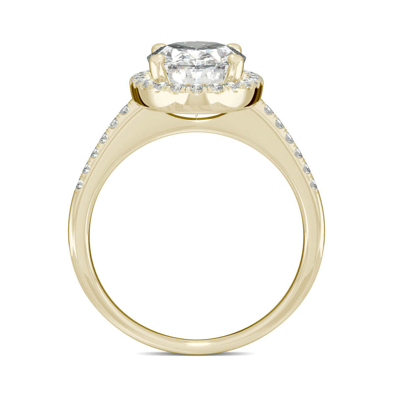 4.75 CTW DEW Elongated Oval Moissanite Halo Ring in 14K Yellow Gold