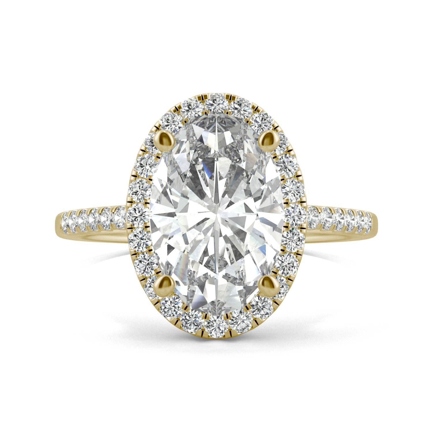 4.75 CTW DEW Elongated Oval Moissanite Halo Ring in 14K Yellow Gold