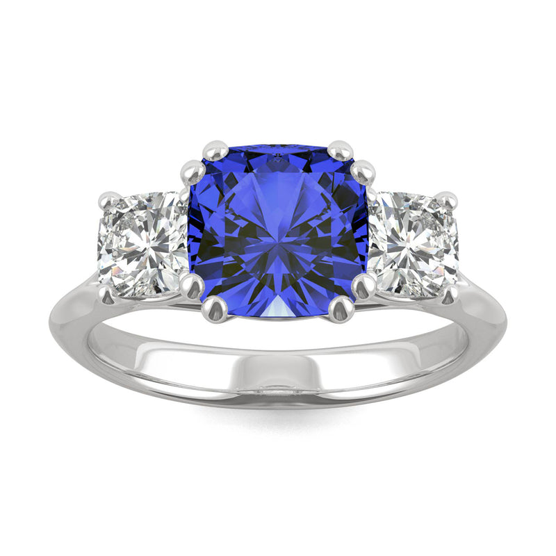 3.70 CTW DEW Cushion Sapphire Engagement Ring in 14K White Gold