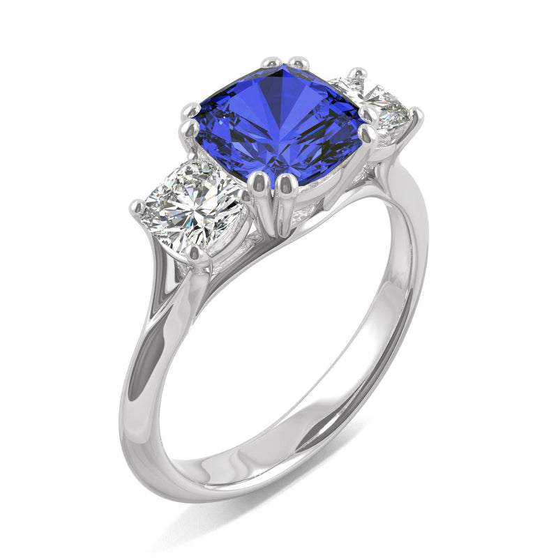3.70 CTW DEW Cushion Sapphire Engagement Ring in 14K White Gold