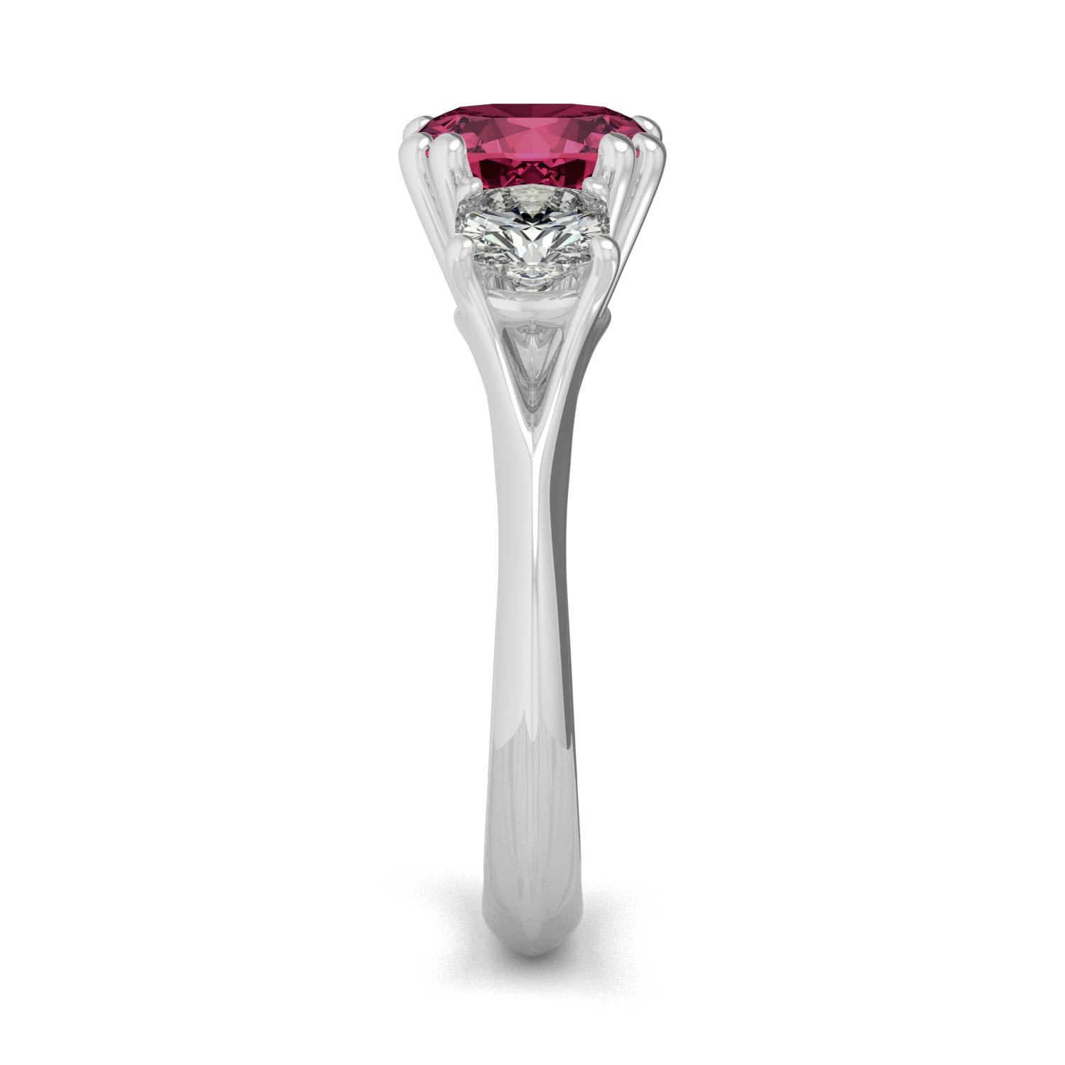 1.00 CTW DEW Cushion Ruby Three Stone Ring in 14K White Gold