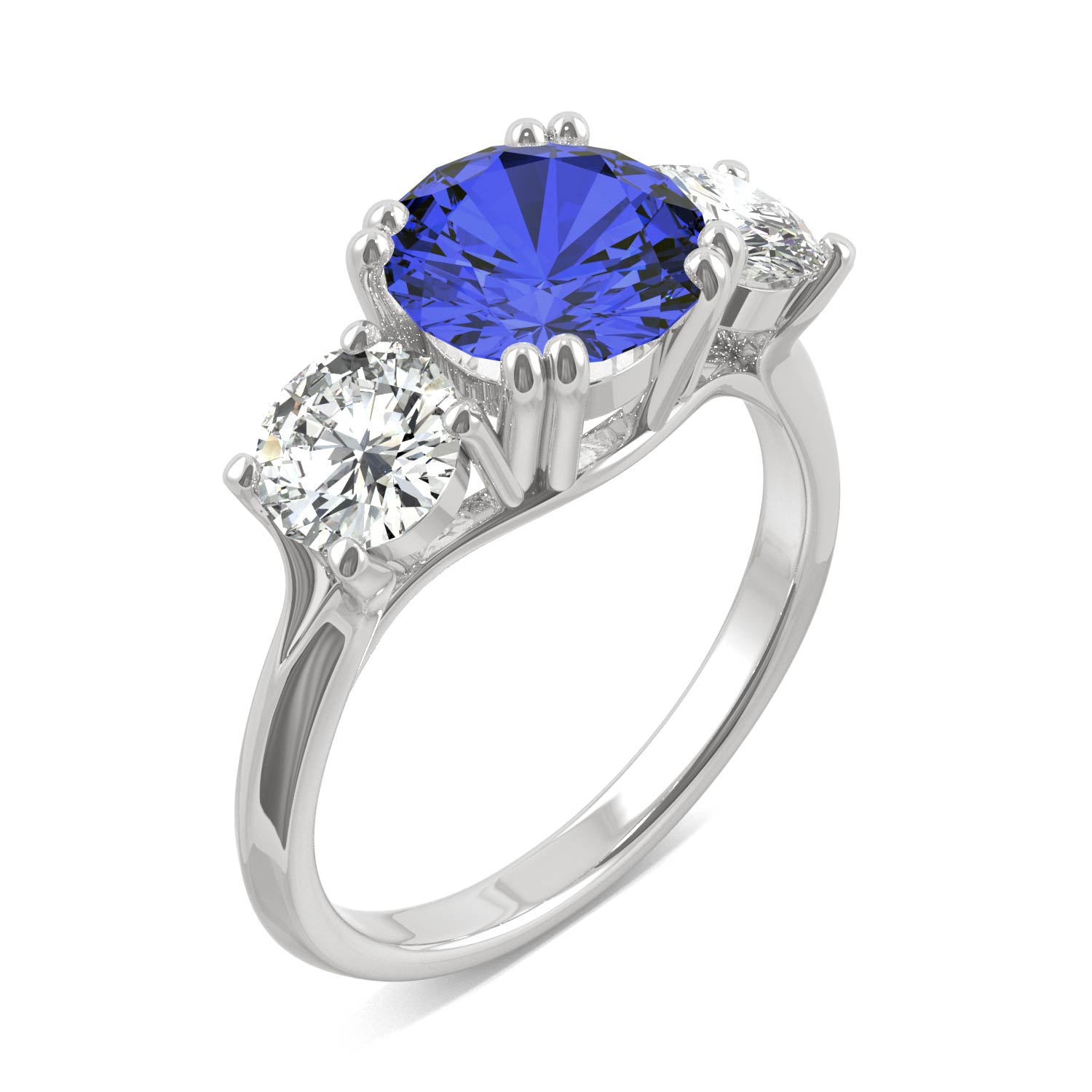 3.90 CTW DEW Round Sapphire Three Stone Ring in 14K White Gold