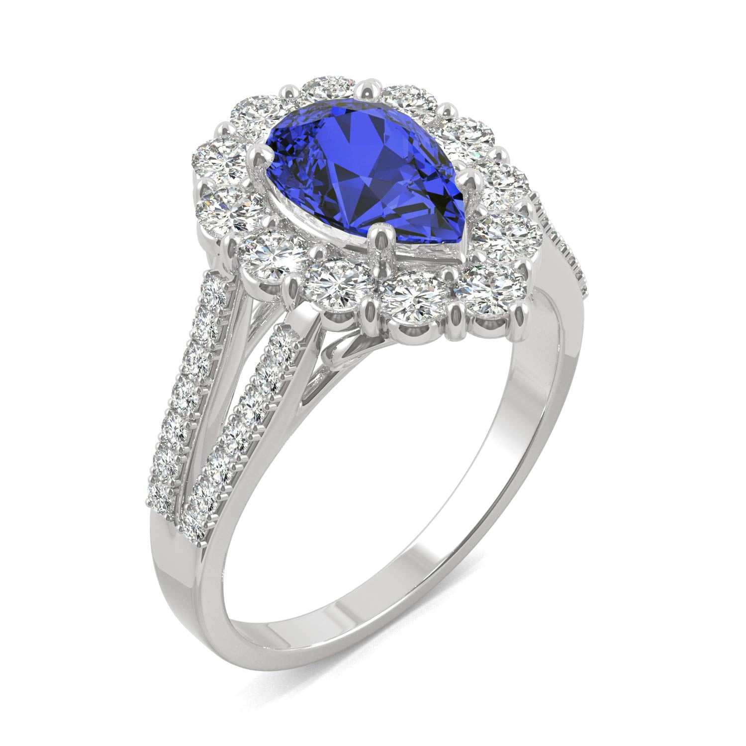 2.73 CTW DEW Pear Sapphire Halo Ring in 14K White Gold