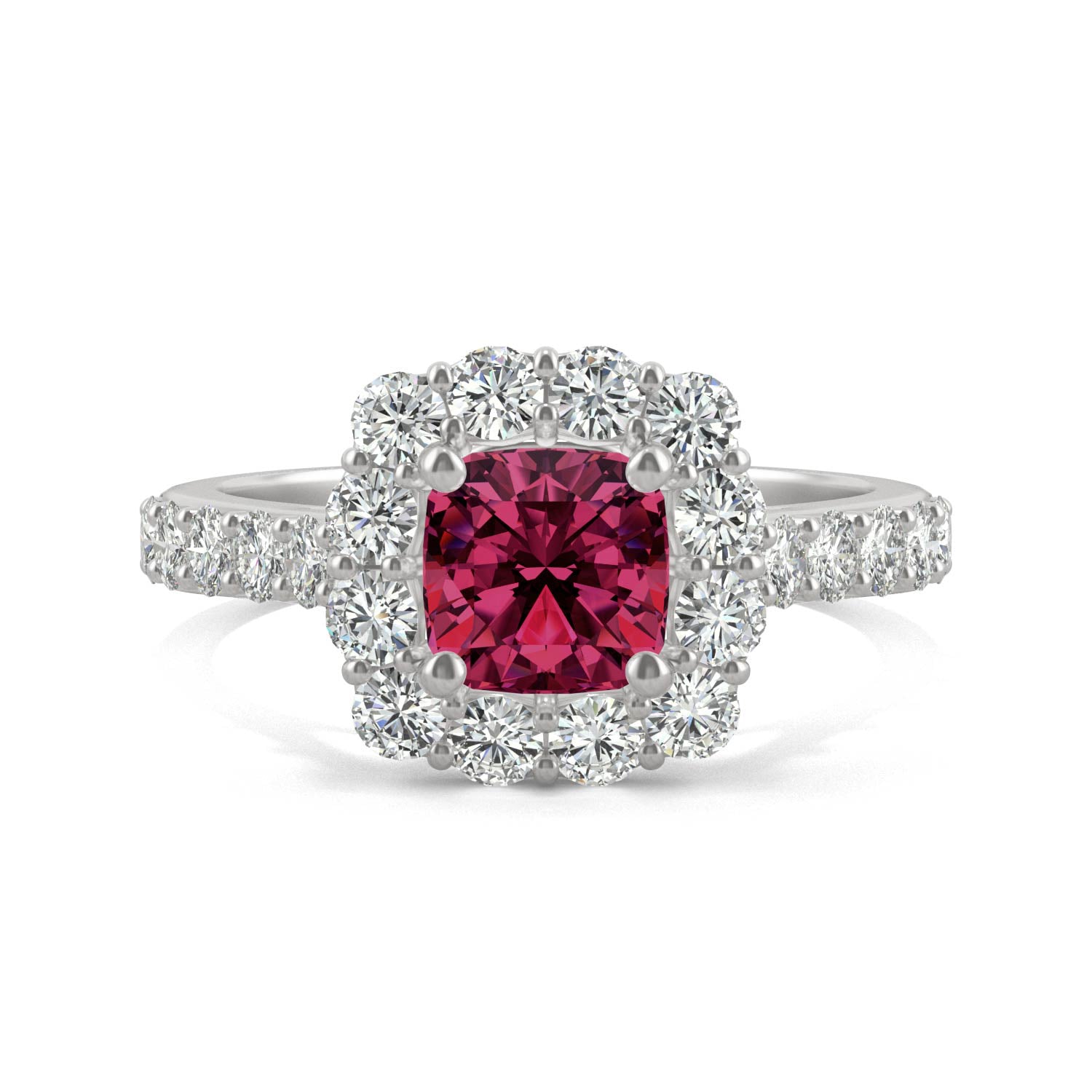 2.30 CTW DEW Cushion Ruby Halo Ring in 14K White Gold