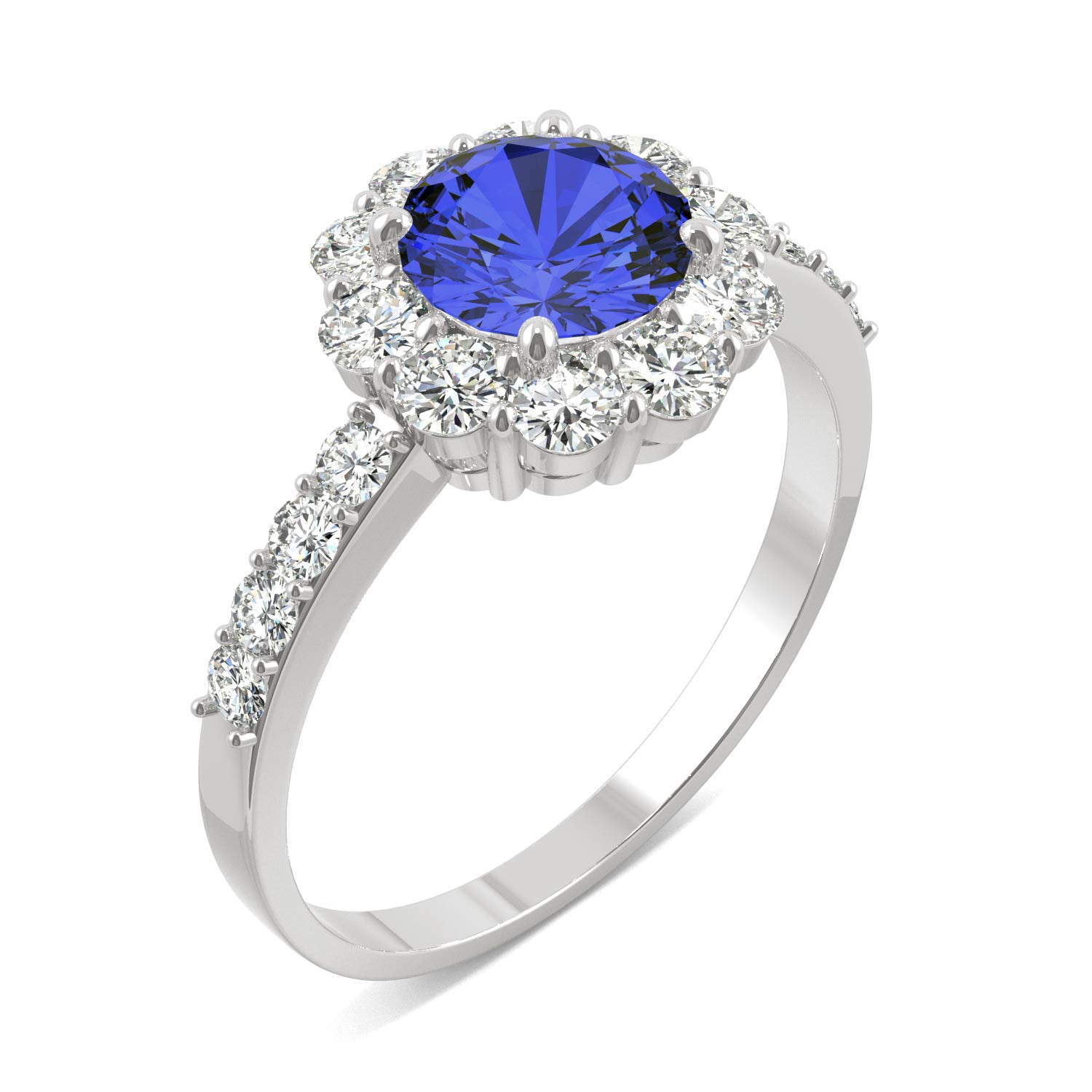 2.28 CTW DEW Round Sapphire Halo Ring in 14K White Gold