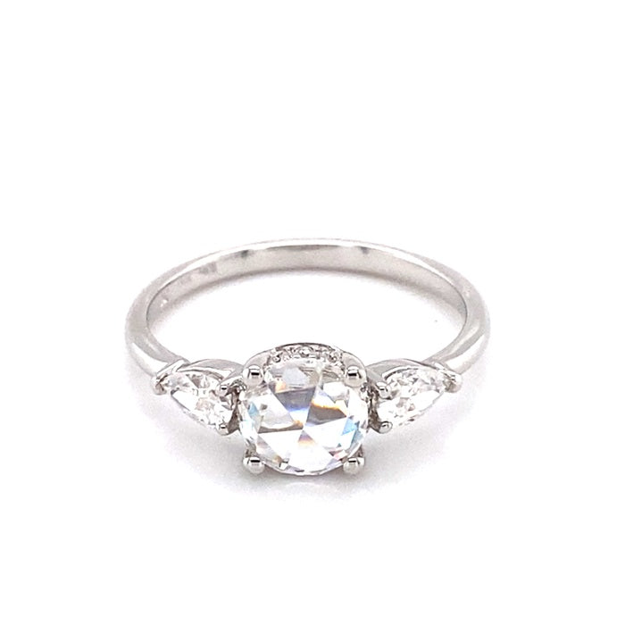 1.08 CTW DEW Round Rose Near-Colorless Moissanite East-West Three-Stone Engagement Ring in 14K White Gold