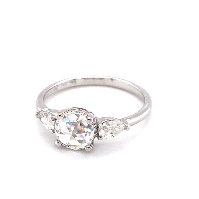 1.08 CTW DEW Round Rose Near-Colorless Moissanite East-West Three-Stone Engagement Ring in 14K White Gold