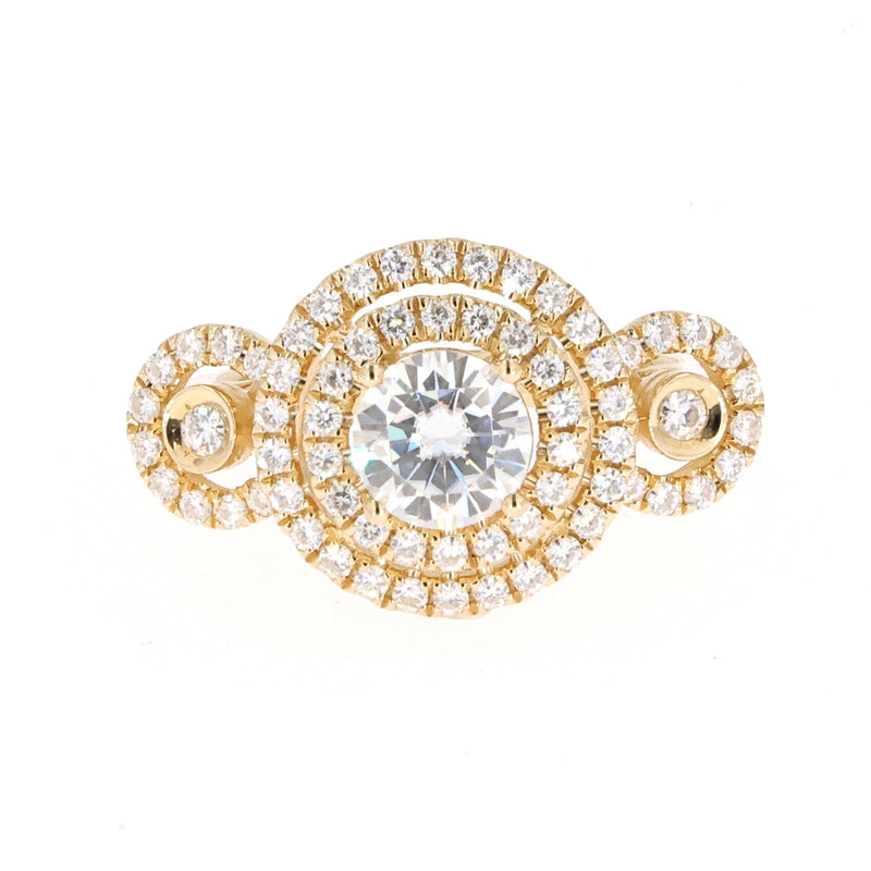 1.69 CTW DEW Round Near-Colorless Moissanite Double Halo Three-Stone Engagement Ring in 14K Yellow Gold