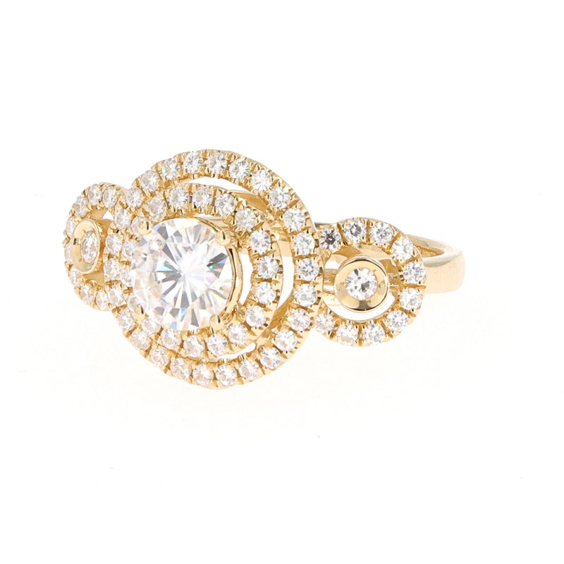 1.69 CTW DEW Round Near-Colorless Moissanite Double Halo Three-Stone Engagement Ring in 14K Yellow Gold