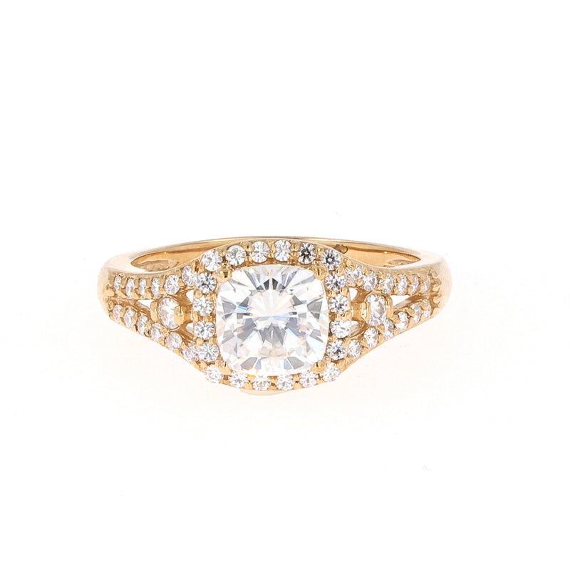 2.20 CTW DEW Cushion Near-Colorless Moissanite Accented Halo Engagement Ring in 14K Yellow Gold