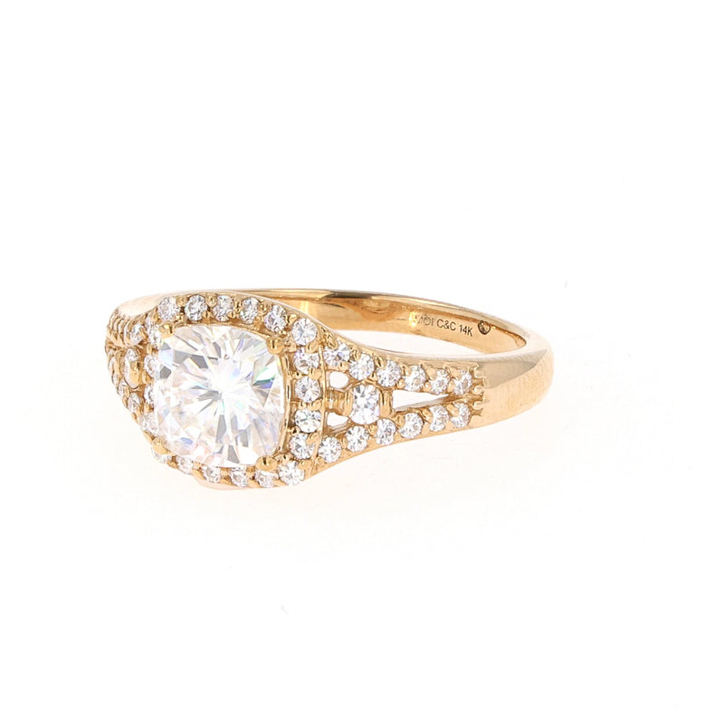 2.20 CTW DEW Cushion Near-Colorless Moissanite Accented Halo Engagement Ring in 14K Yellow Gold