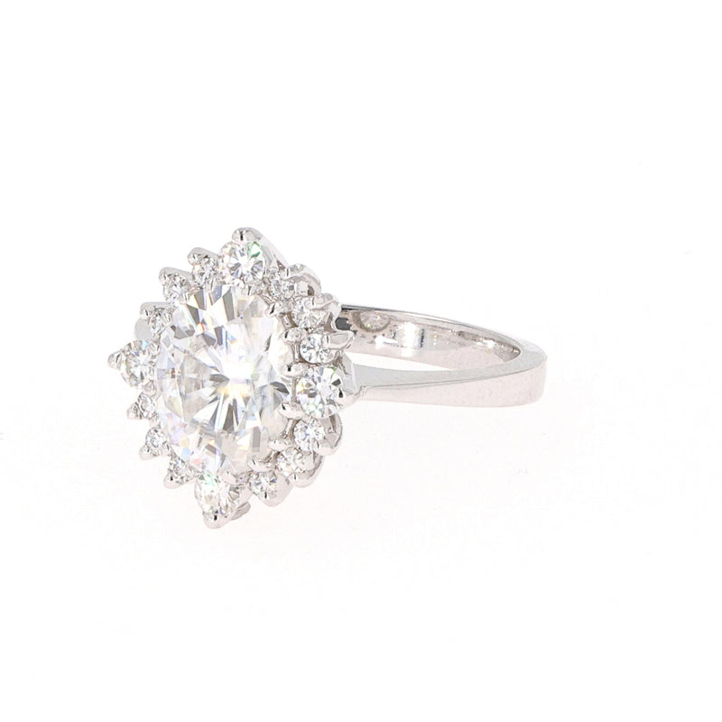 2.42 CTW DEW Oval Near-Colorless Moissanite Halo Engagement Ring in 14K White Gold