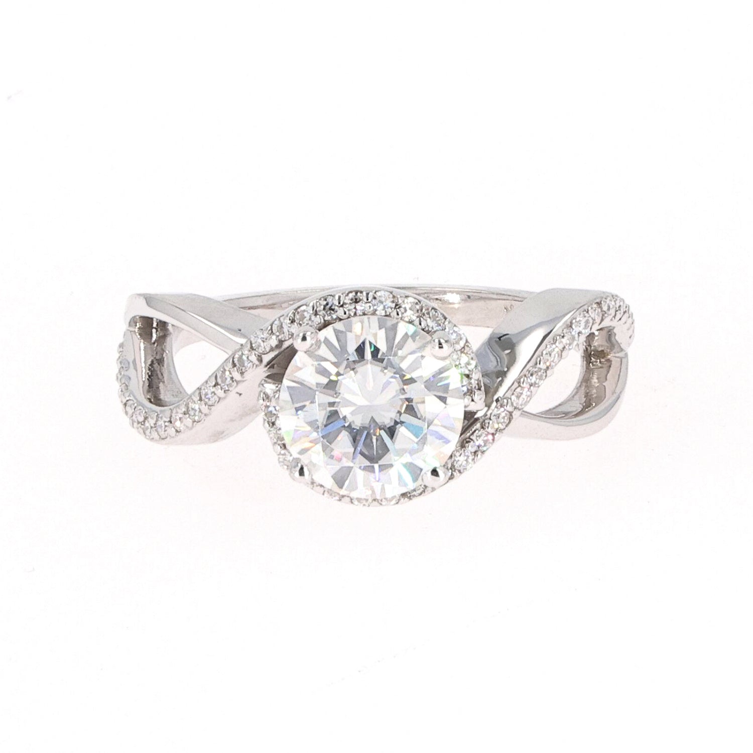 1.75 CTW DEW Round Near-Colorless Moissanite Twist Solitaire With Accents Engagement Ring in 14K White Gold