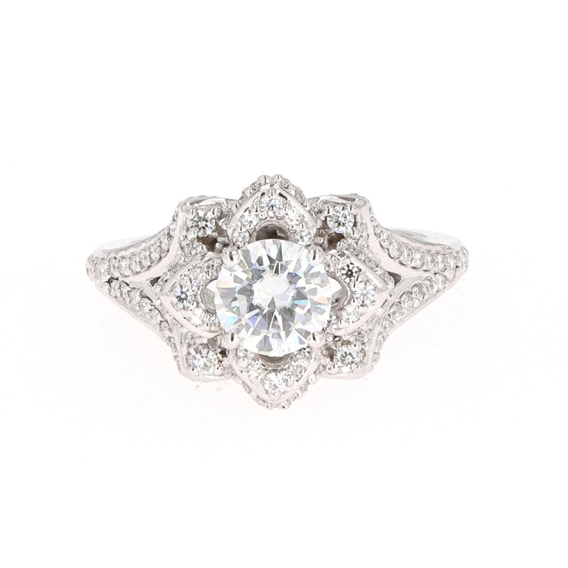1.70 CTW DEW Round Near-Colorless Moissanite Flower Solitaire Ring in 14K White Gold