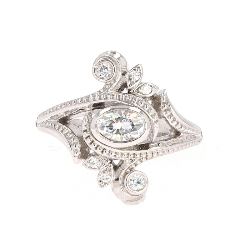 0.60 CTW DEW Oval Near-Colorless Moissanite Bezel Floral Statement Ring in 14K White Gold