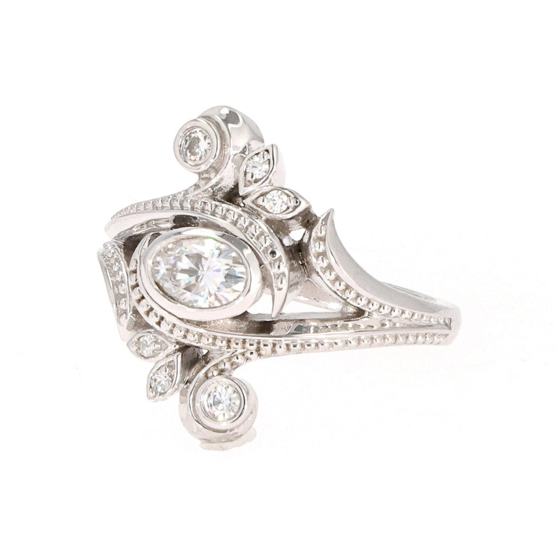 0.60 CTW DEW Oval Near-Colorless Moissanite Bezel Floral Statement Ring in 14K White Gold
