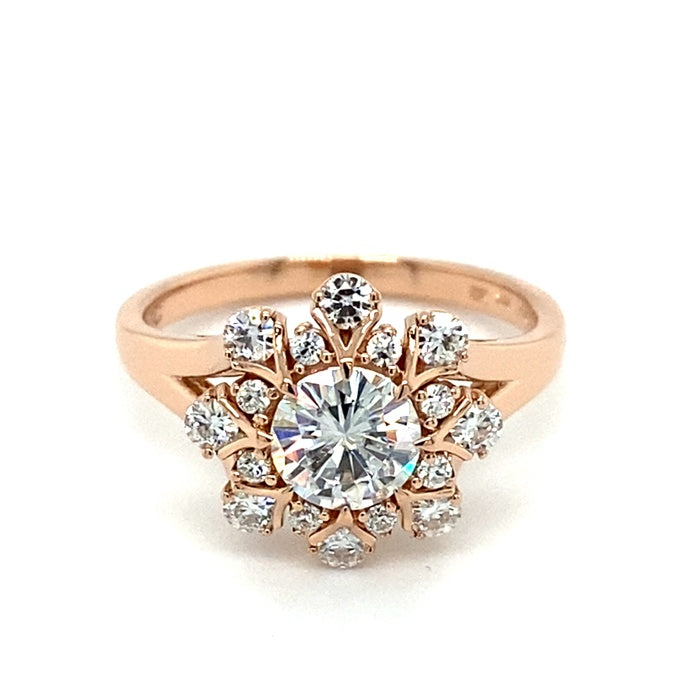1.52 CTW DEW Round Near-Colorless Moissanite Halo Ring in 14K Rose Gold