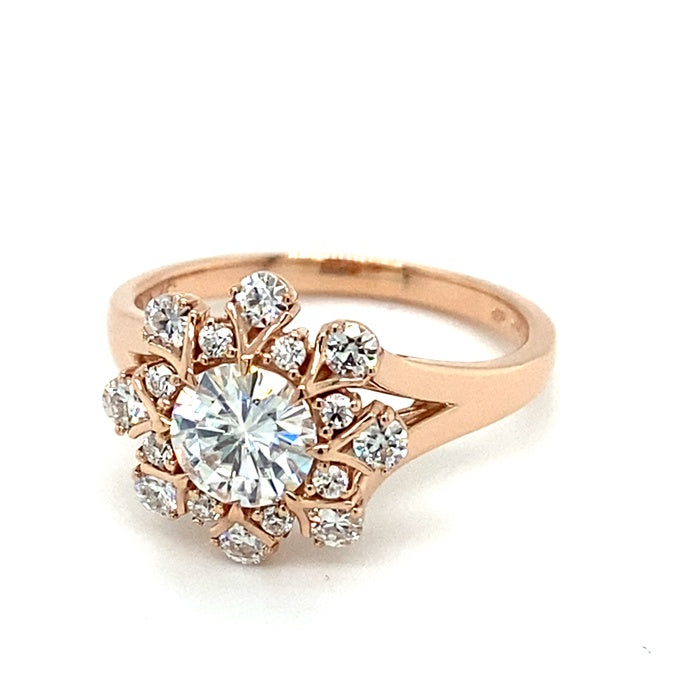 1.52 CTW DEW Round Near-Colorless Moissanite Halo Ring in 14K Rose Gold