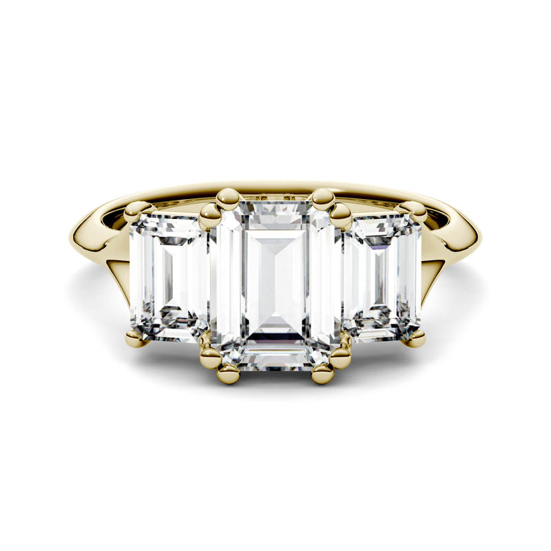 2.91 CTW DEW Emerald Moissanite Three Stone Ring in 14K Yellow Gold