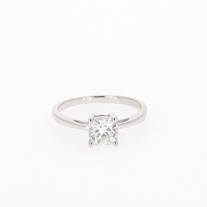 1.10 CTW DEW Cushion Moissanite Four Prong Solitaire Engagement Ring in Sterling Silver