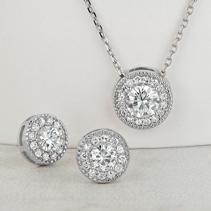 1.96 CTW DEW Round  Moissanite Halo Earring & Pendant Set in Sterling Silver