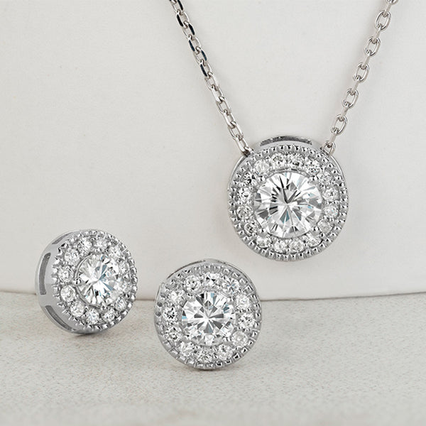 1.96 CTW DEW Round Moissanite Halo Earring Pendant Set in Sterling S