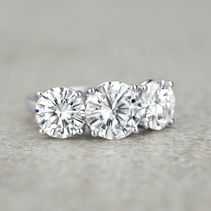 6.50 CTW DEW Round Near-Colorless Moissanite Classic Three-Stone Engagement Ring in 14K White Gold